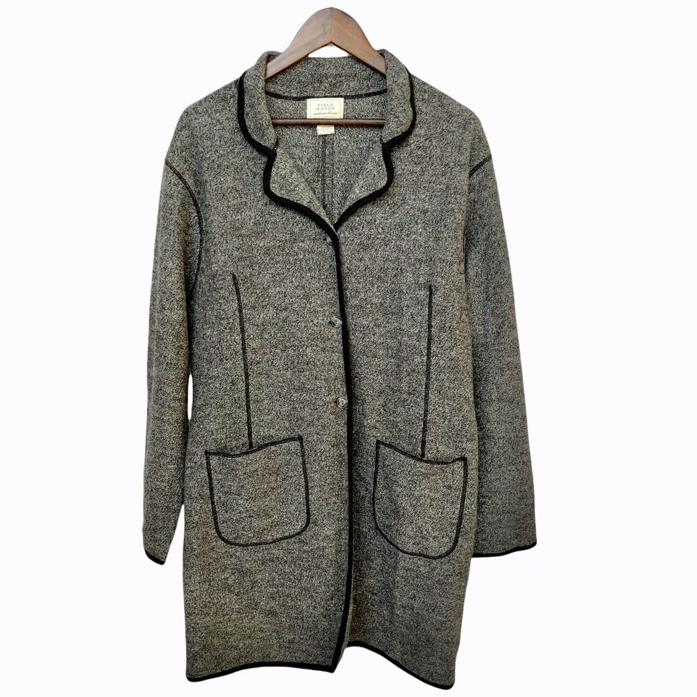 Field Manor Women Tunic Wool Jacket Size‎ L Gray Black Piping Modern Classics